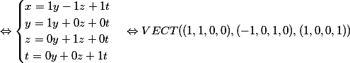 \Leftrightarrow \begin{cases} x = 1 y - 1 z + 1 t \\ y = 1 y + 0 z + 0 t \\ z = 0 y + 1 z + 0 t \\ t = 0y + 0z + 1t \end{cases} \Leftrightarrow VECT((1,1,0,0),(-1,0,1,0),(1,0,0,1))